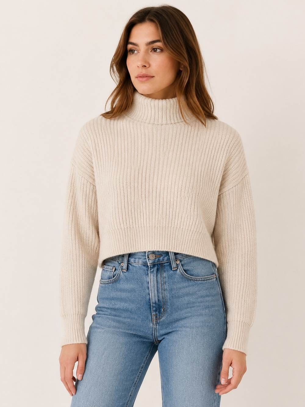 Aritzia Wilfred Merino Wool Cropped Turtleneck Sweater Ivory M